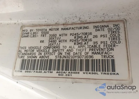 2000 Toyota Tundra z USA, uszkodzony, nr VIN 5TBJN3210YS071696